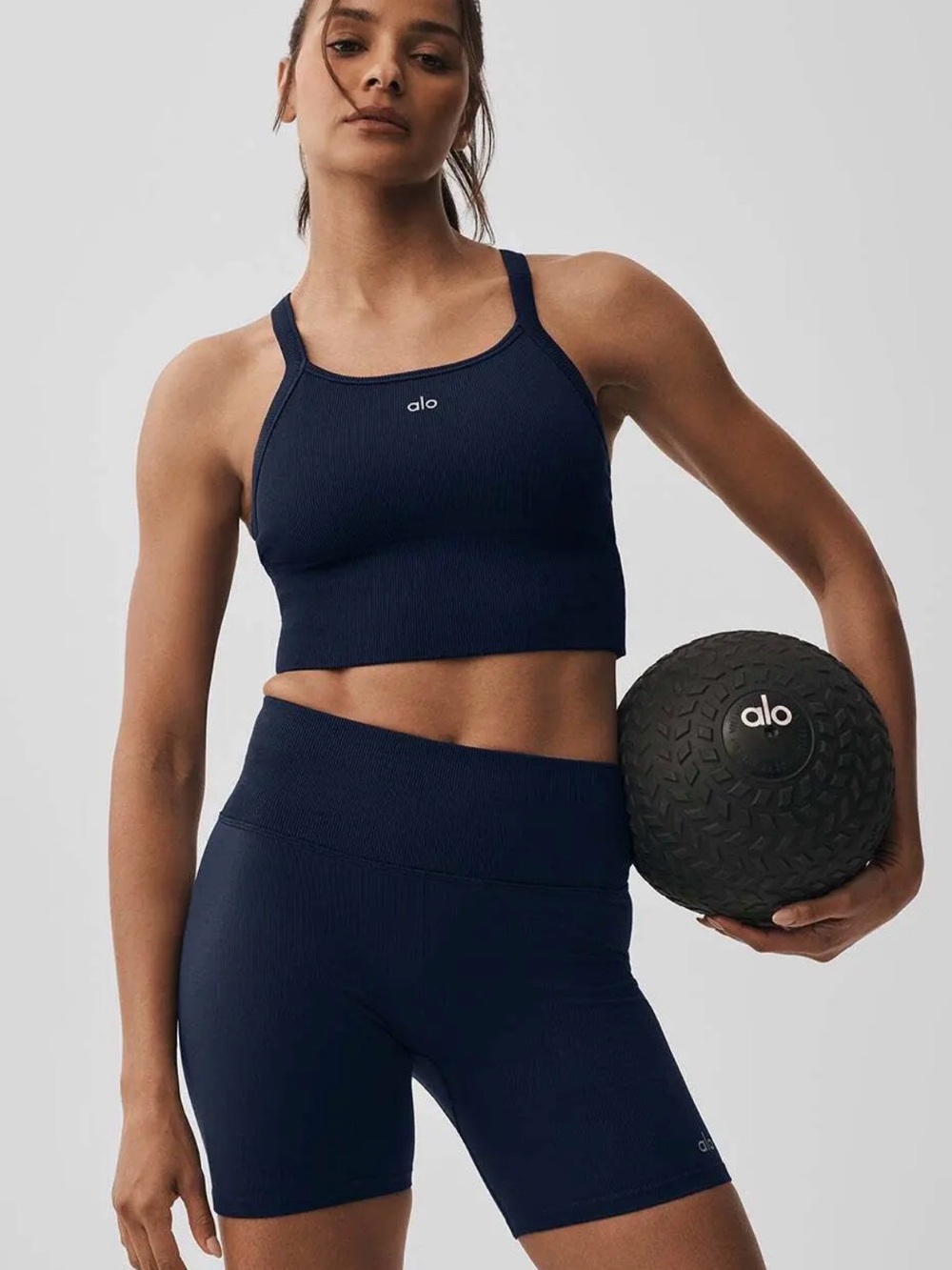ALO Yoga Navy Ribbed Sports Bra Crop Top